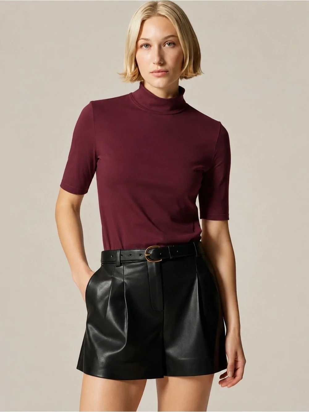 J. Crew Wine Stretch Cotton-blend Mockneck Elbow-sleeve T-shirt Size Small
